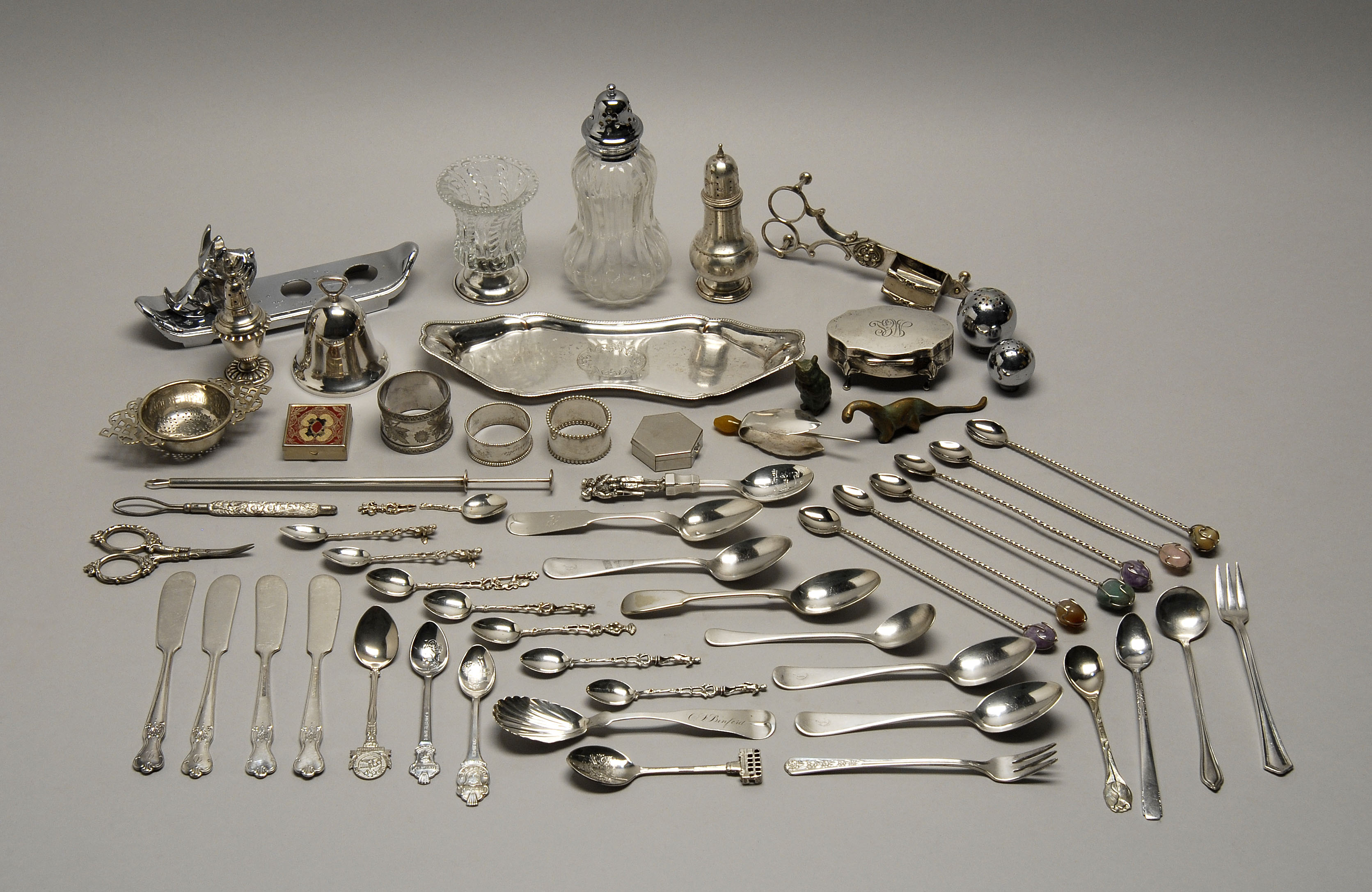 Appraisal: ASSORTED SILVER SILVER PLATED AND METAL ITEMS English monogrammed sterling