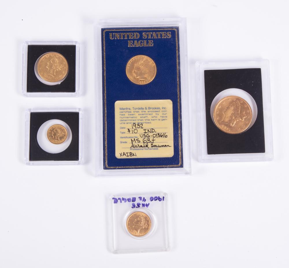 Appraisal: FIVE UNITED STATES GOLD COINSFive United States Gold Coins incl