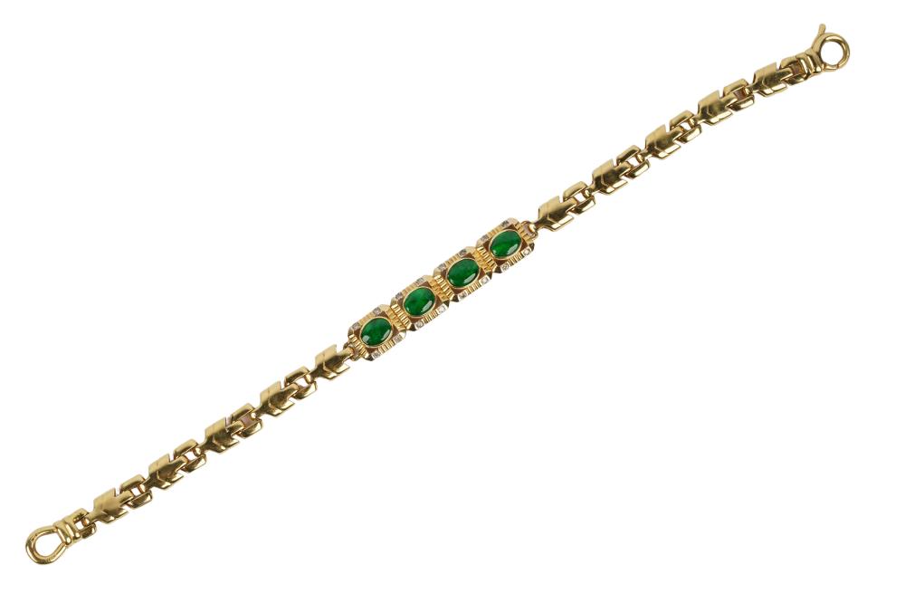 Appraisal: KARAT YELLOW GOLD JADE DIAMOND BRACELETcontaining four oval cabochon jadeite