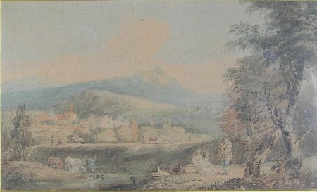 Appraisal: MANNER OF THOMAS GIRTIN LANDSCAPE NEAR ROME WITH FIGURES Watercolour