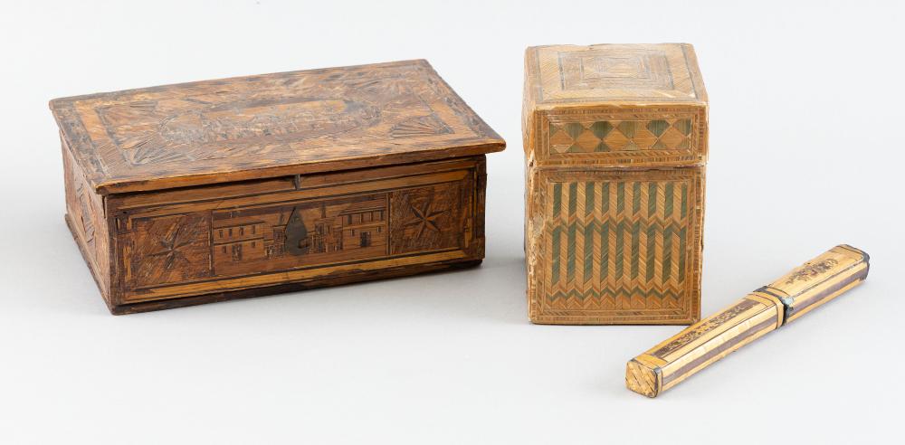 Appraisal: THREE NAPOLEONIC PRISONER-OF-WAR MARQUETRY BOXES ENGLAND CIRCA THREE NAPOLEONIC PRISONER-OF-WAR