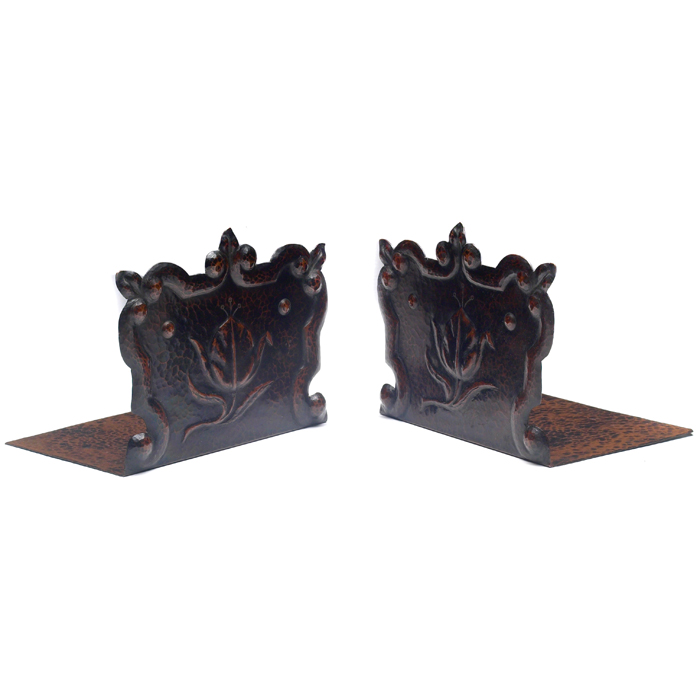 Appraisal: Arts and Crafts bookends pair hammered copper with an embossed