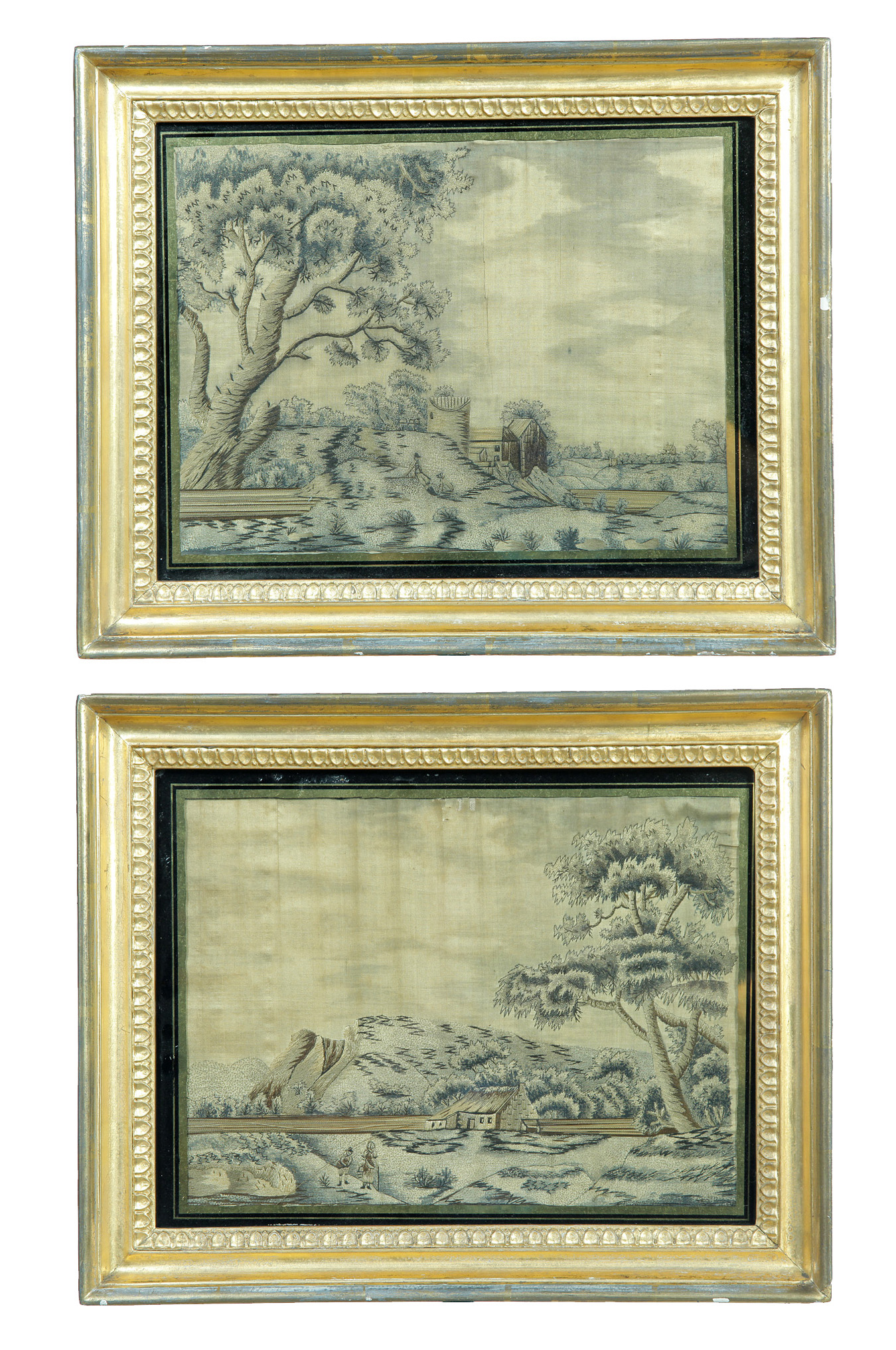 Appraisal: PAIR OF GEORGIAN FRAMED SILK NEEDLEWORK LANDSCAPES England st quarter-