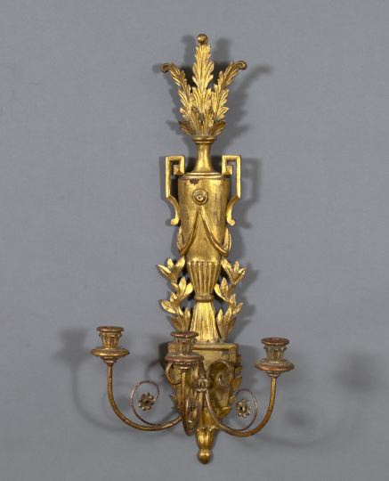 Appraisal: Large Italian Carved Giltwood and Gilded Wrought-Iron Vasiform Three-Light Applique