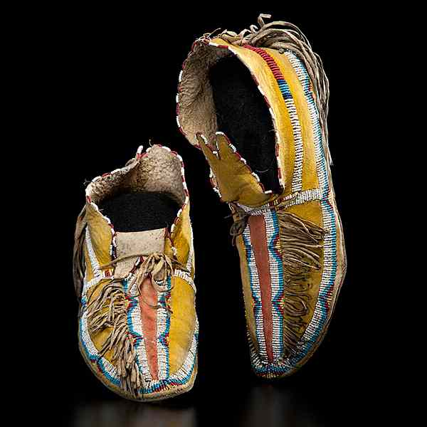 Appraisal: Kiowa Beaded Hide Moccasins thread and sinew-sewn with small glass