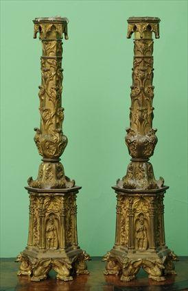 Appraisal: PAIR OF FRENCH GOTHIC REVIVAL GILT-METAL CANDLESTICKS Each with hexagonal