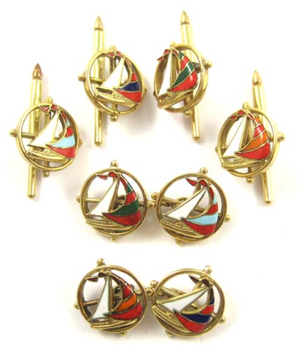 Appraisal: EIGHTEEN KARAT GOLD TUXEDO CUFFLINK STUD SET enameled sailing yachts