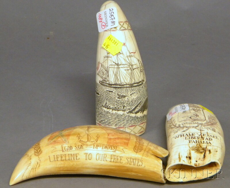 Appraisal: Three Scrimshaw-decorated Whales' Teeth inscribed Amos Ring Wilmington S C