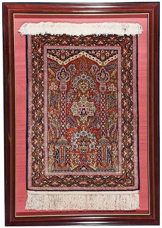 Appraisal: Framed Persian Silk Prayer Rug th century finely woven with