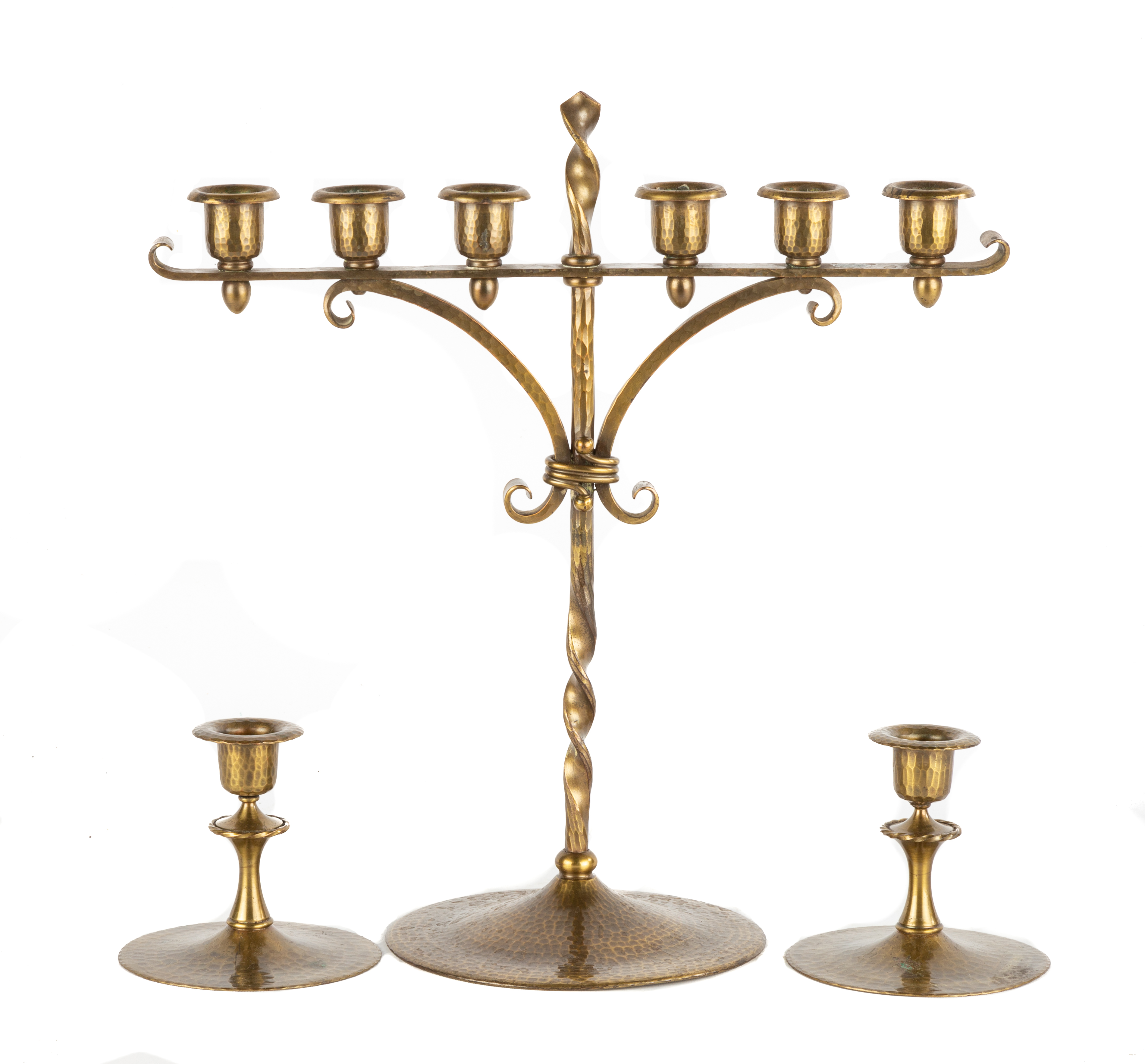 Appraisal: ROYCROFT HAMMERED COPPER CANDELABRA AND CANDLESTICKS Early th century all