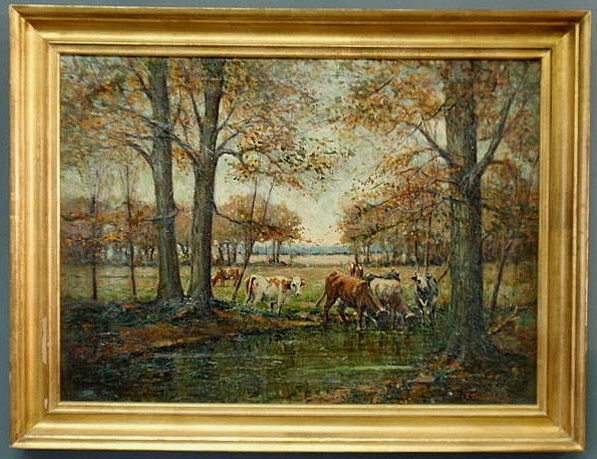 Appraisal: Oil on canvas landscape painting of an autumn countryside with