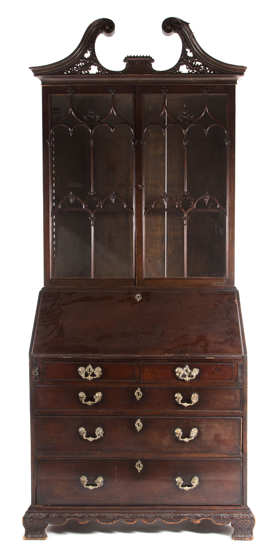 Appraisal: George III Chippendale style secretary bookcase openworked carved broken arched