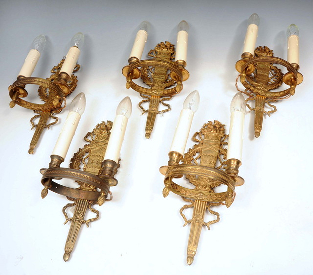 Appraisal: A SET OF FIVE GILT METAL TWO BRANCH WALL LIGHTS