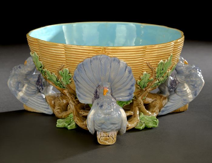 Appraisal: Good Minton Polychromed Majolica Tripodal Pouter Pigeon Bowl dated the