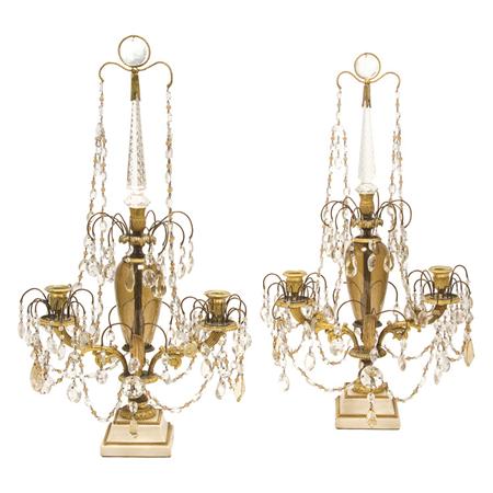 Appraisal: Pair of Regency Gilt-Bronze Amber and Cut Glass Two-Light Candelabra