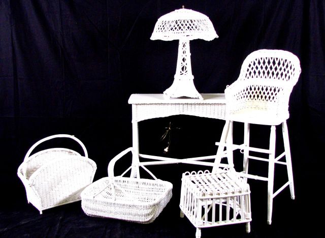 Appraisal: Six pieces of white wicker including high chair magazine rack