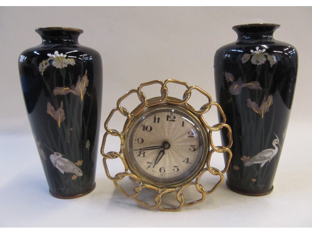 Appraisal: Pair of miniature Cloisonne vases and a brass table clock