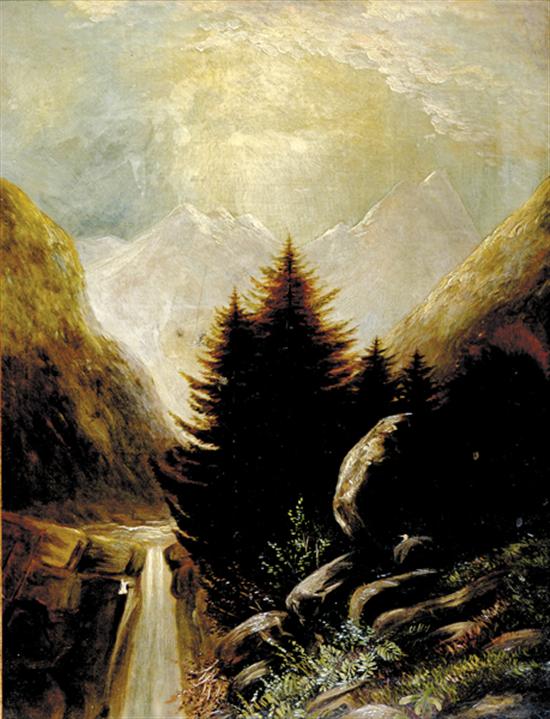 Appraisal: American school late th century WATERFALL LANDSCAPE oil on canvas