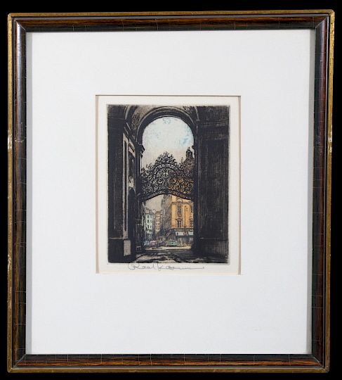 Appraisal: Arched Gateway Colored Etching by Robert Kasimir Offered in this