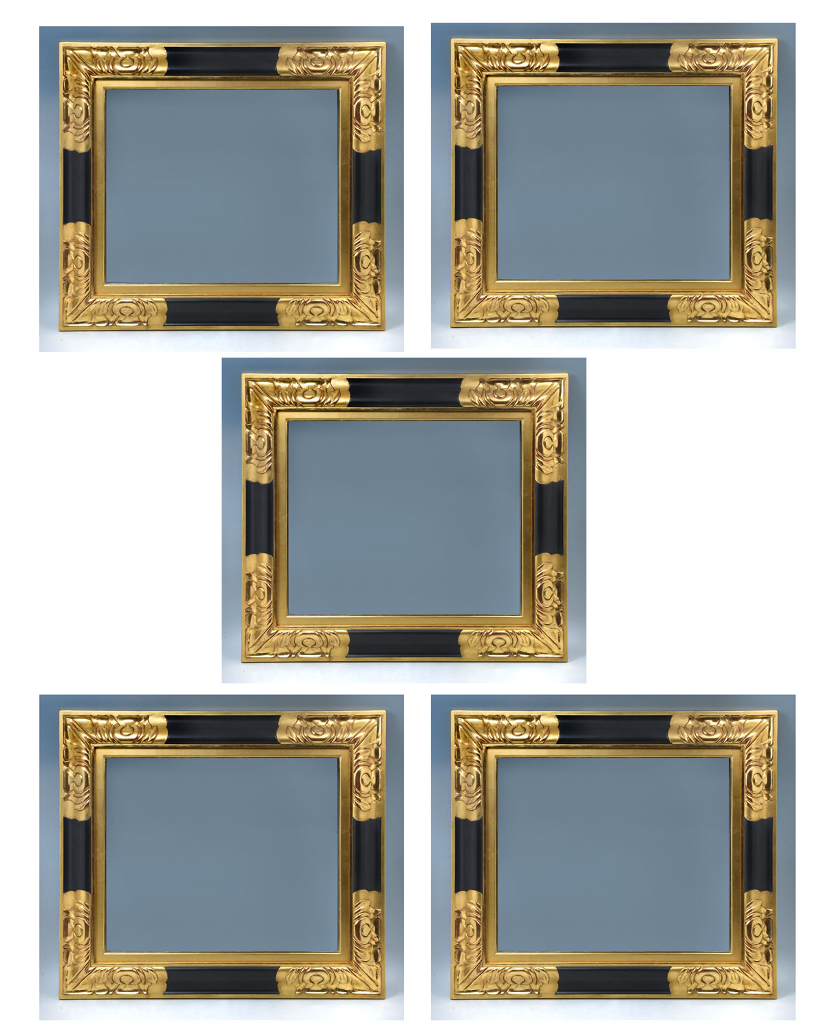 Appraisal: MATCHING CARVED AND GILDED FRAMES Carved and gilded ebonized matching