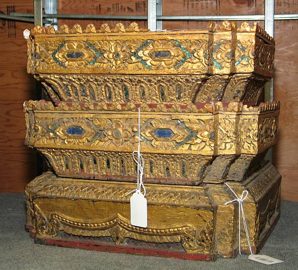 Appraisal: Three Thai gilt lacquered wood low plinths Each elaborately carved