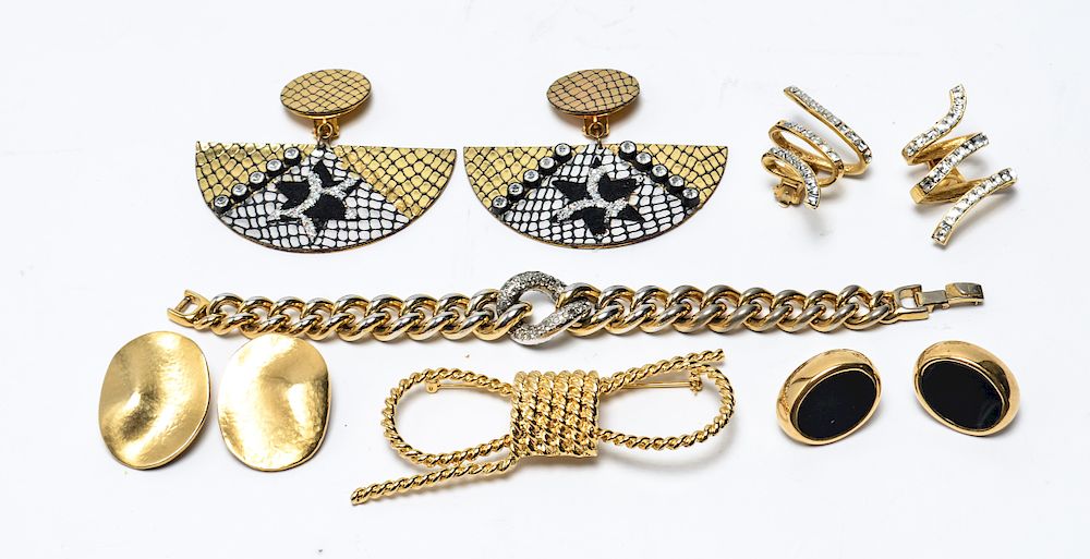 Appraisal: Gold-Tone Clip-On Earrings Brooch Bracelet Gold-tone costume jewelry pieces total