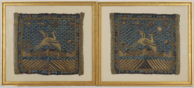 Appraisal: Pair of Framed Chinese Crane Embroidered Rank Badges From a