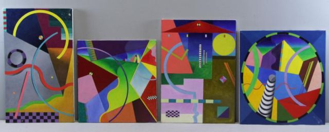 Appraisal: Signed Geometric Abstract Oils on Canvas All signed Tim or