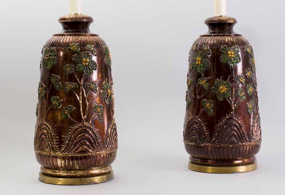 Appraisal: Pair of Large Italian Relief Decorated Copper Luster Pottery Vases