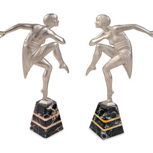 Appraisal: A Pair of Art Deco Silvered Metal Dancers on Marble