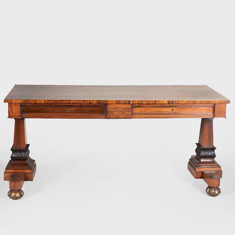 Appraisal: William IV Style Rosewood and Parcel-Gilt Sofa Table The overhanging