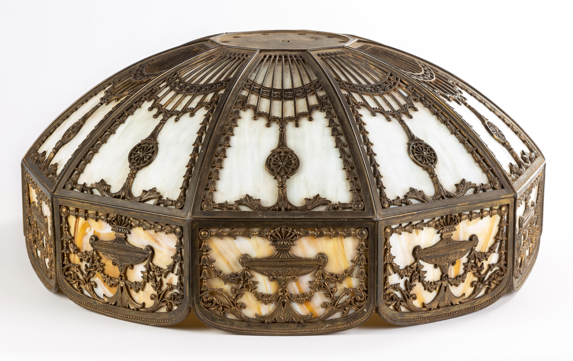 Appraisal: OVERLAY PANEL HANGING LAMP Early th century Patinaed metal and