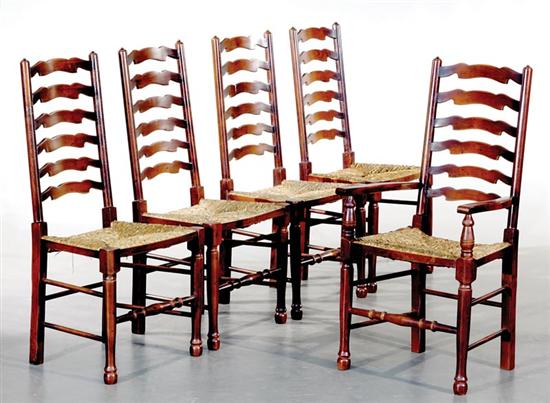 Appraisal: Maple and rush ladderback chairs set of eight comprised of