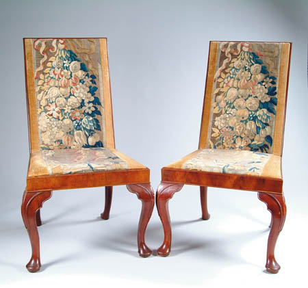 Appraisal: IMPORTANT PAIR OF QUEEN ANNE CARVED WALNUT SIDE CHAIRS UPHOLSTERED