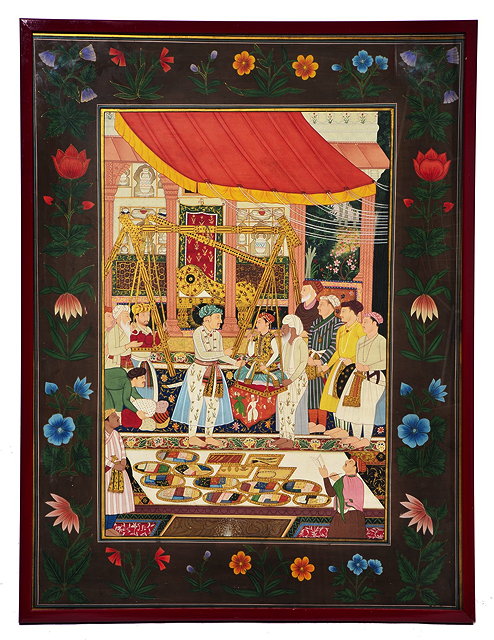 Appraisal: AN INDIAN MUGHAL STYLE GOUACHE on fabric in a red