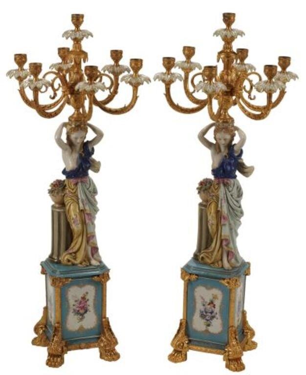 Appraisal: pair German Dresden porcelain figural seven-light candelabra Richard Klemm with