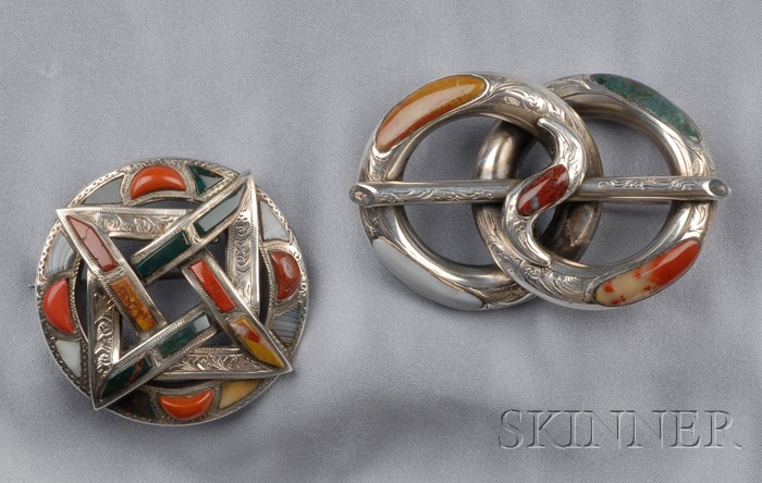 Appraisal: Two Victorian Silver and Scottish Agate Brooches one a knot