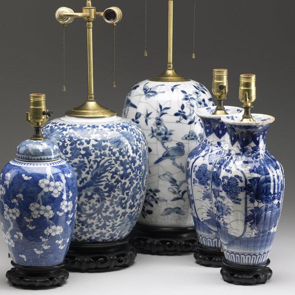 Appraisal: CHINESE EXPORT Five porcelain blue and white vases and jars