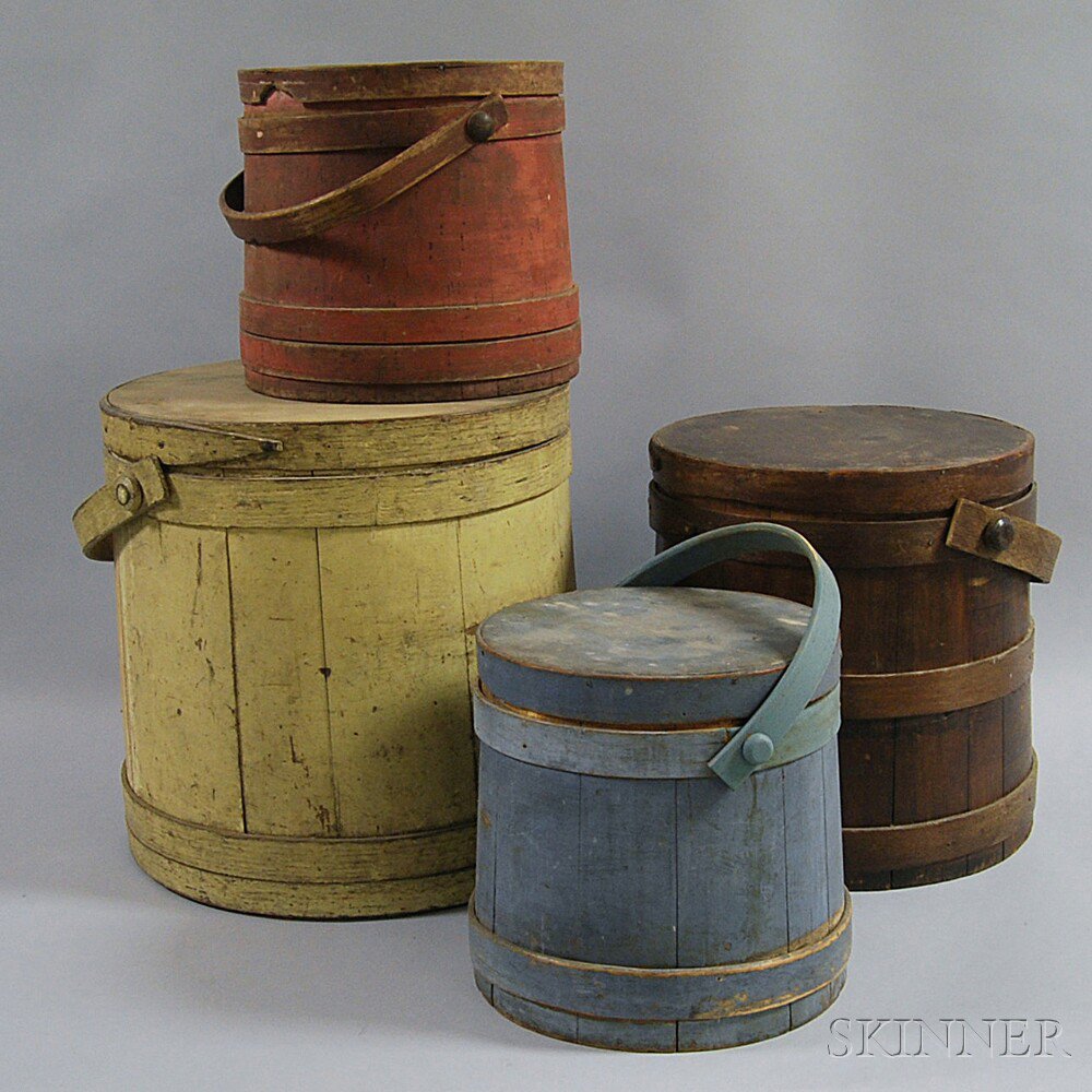 Appraisal: Four Mostly Painted Firkins th century one blue one red