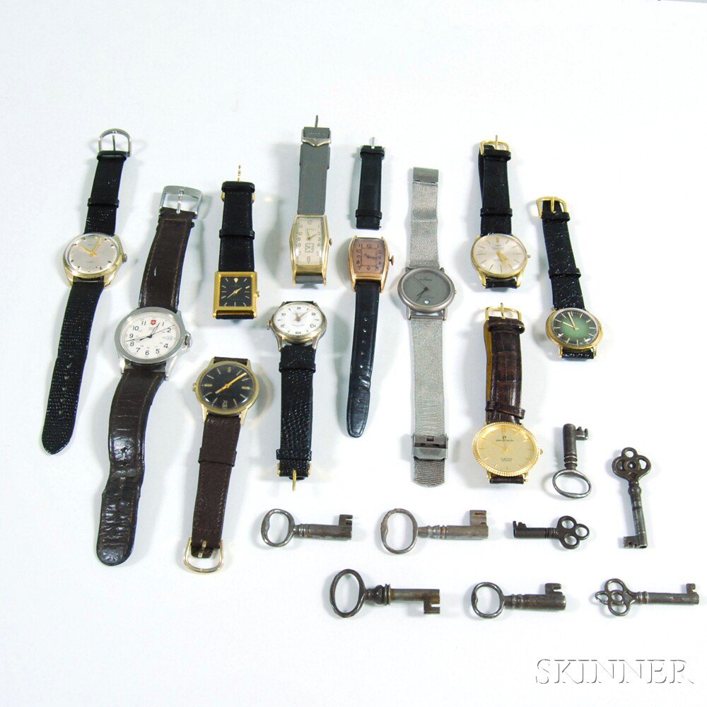 Appraisal: Small Collection of Fashion Wristwatches and Antique Keys including Waltham