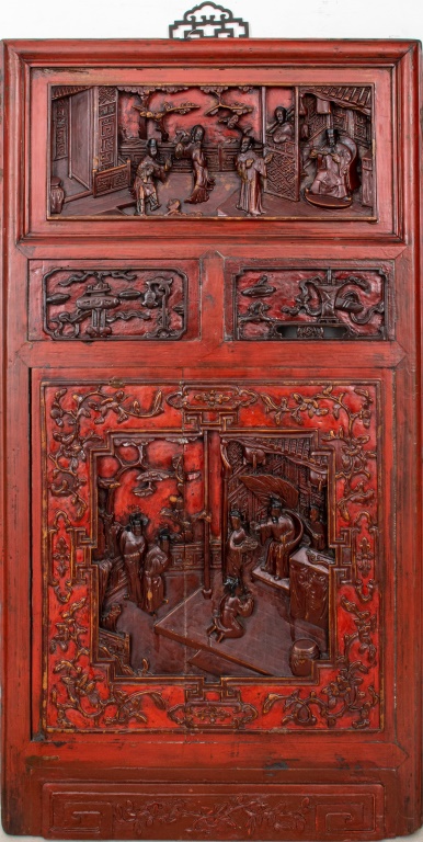 Appraisal: CHINESE CARVED LACQUERED WOOD PANEL Chinese hand-carved and cinnabar red