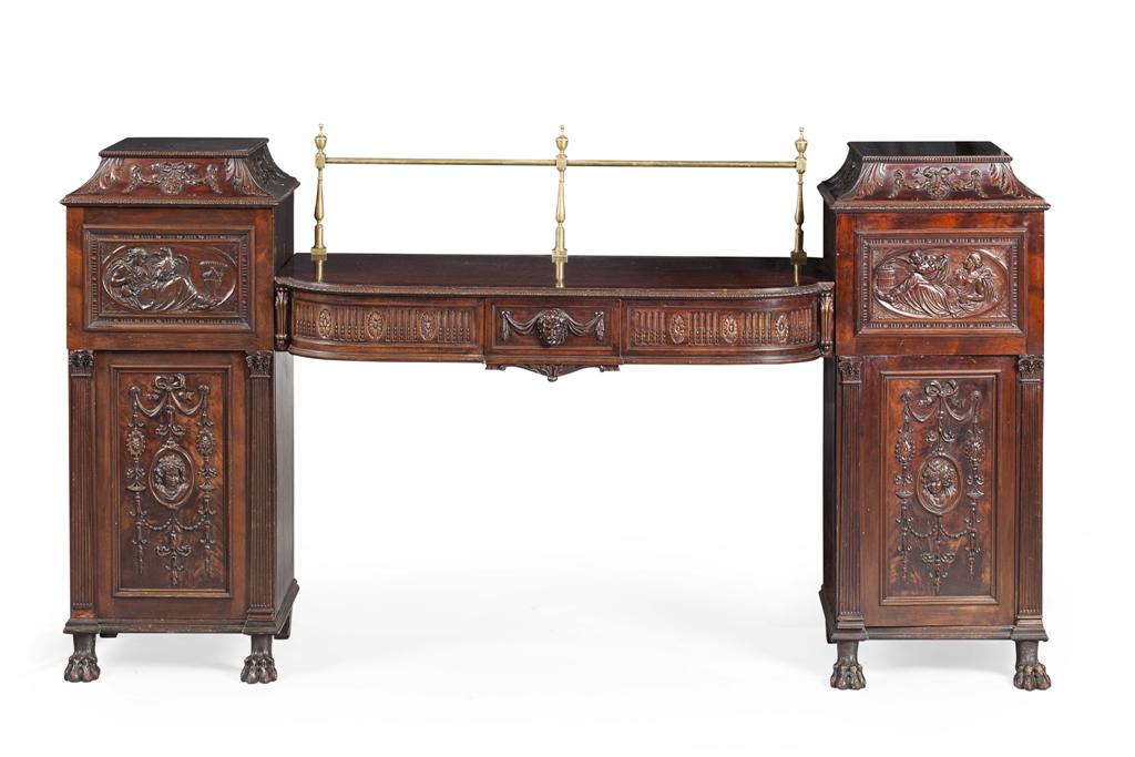 Appraisal: EDWARDIAN ADAM REVIVAL MAHOGANY PEDESTAL SIDEBOARD EARLY TH CENTURY the