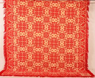 Appraisal: th Century Red and Neutral Two Part Jacquard Coverlet Signed