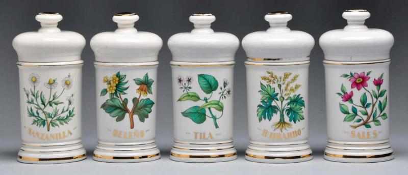 Appraisal: Lot of Porcelain Floral Decorated Medicine Jars Description Five white