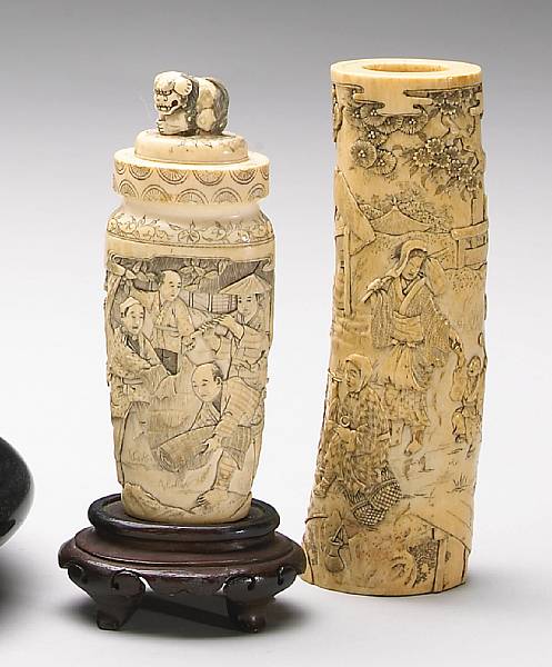 Appraisal: Two ivory and one bone carving Meiji Period The two