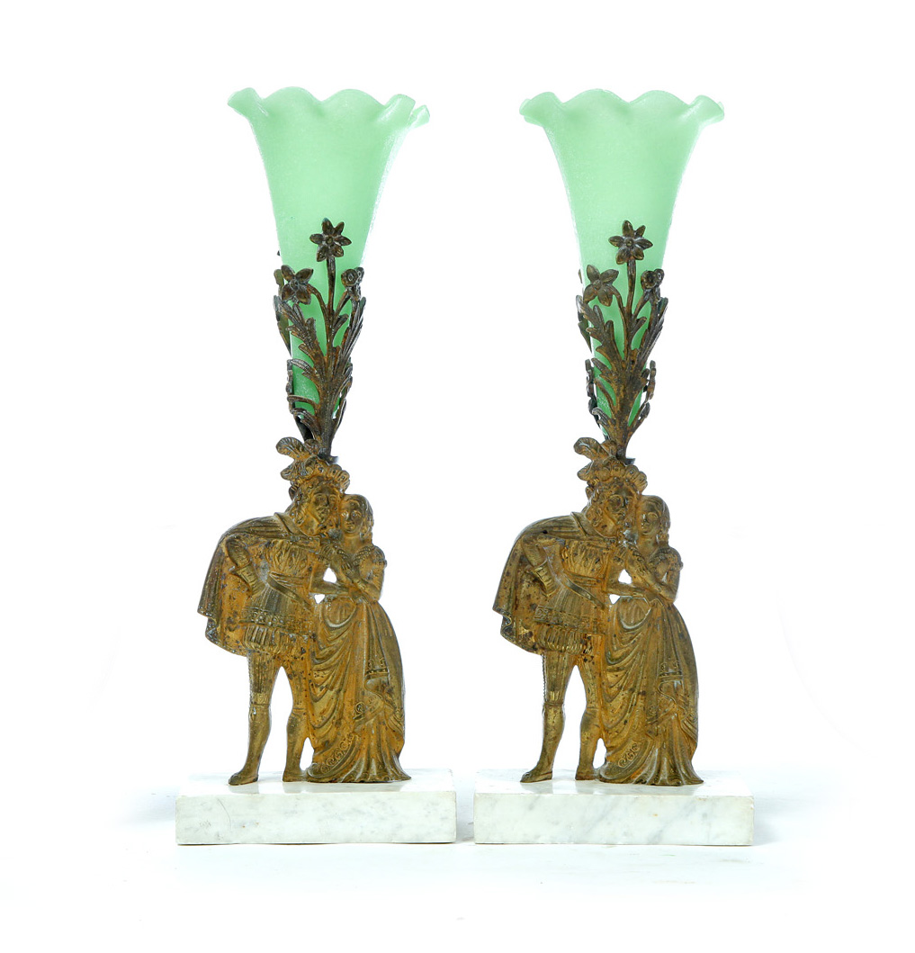 Appraisal: PAIR OF AMERICAN TRUMPET VASES IN HOLDERS Mid th century