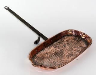 Appraisal: French oval copper fish poacher Antique French hand hammered copper