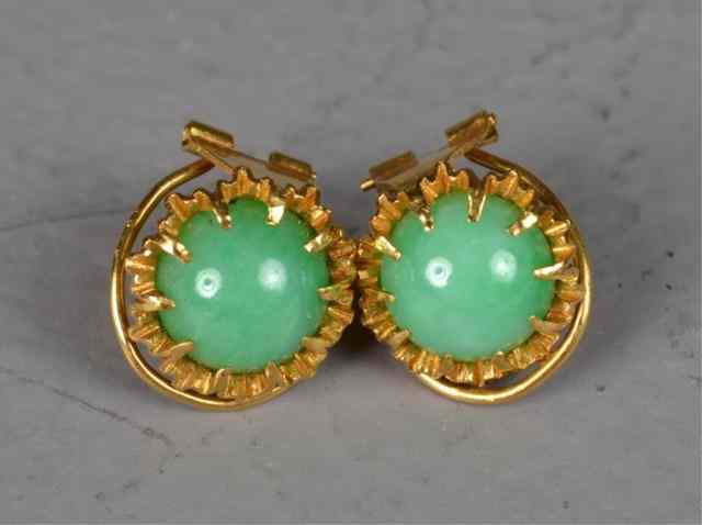 Appraisal: A Fine Pair Of Kt Gold Jadeite EarringsThe gold mountings