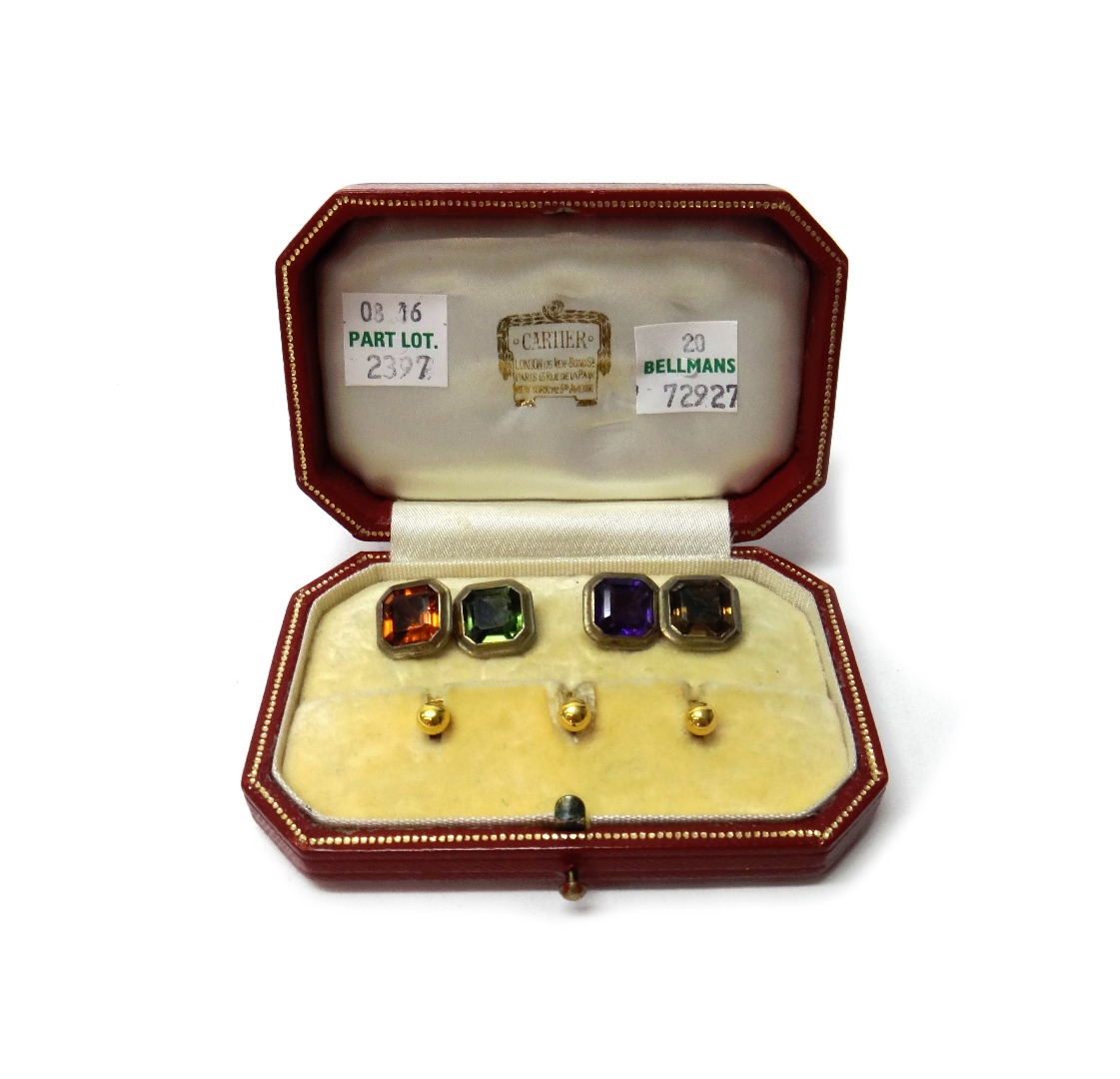 Appraisal: A pair of vary coloured quartz and gem set cufflinks