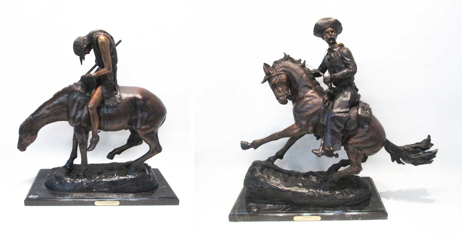 Appraisal: TWO WESTERN BRONZE HORSE AND RIDER SCULPTURES AFTER Frederic Remington's